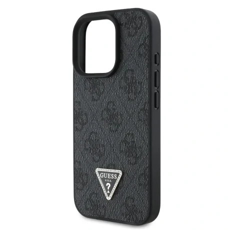 Husa spate Guess PU 4G Strass Triangle Metal Logo pentru iPhone 16 Pro Max Negru