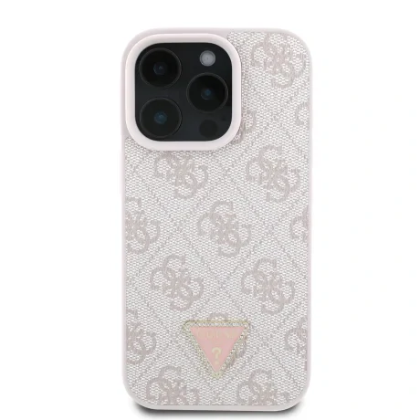 Husa spate Guess PU 4G Strass Triangle Metal Logo pentru iPhone 16 Pro Max, roz