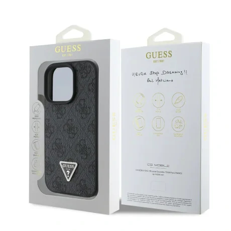 Husa spate Guess PU 4G Strass Triangle Metal Logo pentru iPhone 16 Pro, neagră