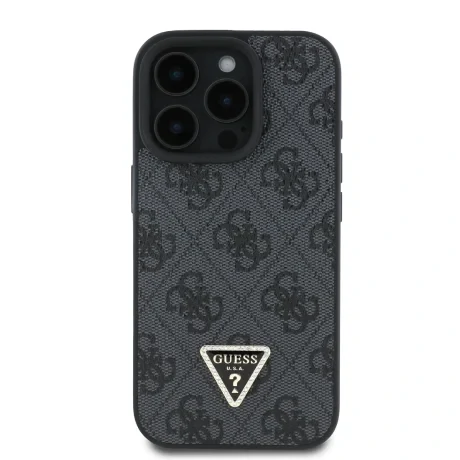 Husa spate Guess PU 4G Strass Triangle Metal Logo pentru iPhone 16 Pro, neagră