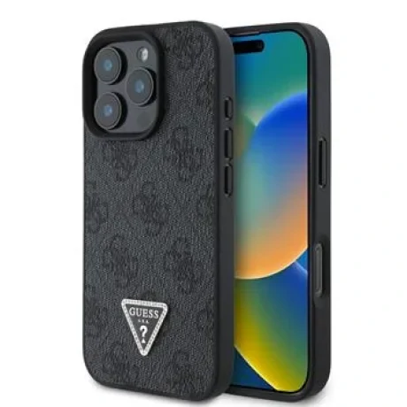 Husa spate Guess PU 4G Strass Triangle Metal Logo pentru iPhone 16 Pro, neagră