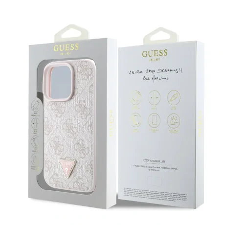 Husa spate Guess PU 4G Strass Triangle Metal Logo pentru iPhone 16 Pro, roz