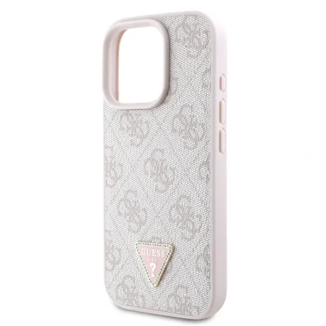 Husa spate Guess PU 4G Strass Triangle Metal Logo pentru iPhone 16 Pro, roz