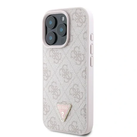 Husa spate Guess PU 4G Strass Triangle Metal Logo pentru iPhone 16 Pro, roz