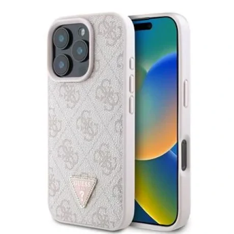 Husa spate Guess PU 4G Strass Triangle Metal Logo pentru iPhone 16 Pro, roz