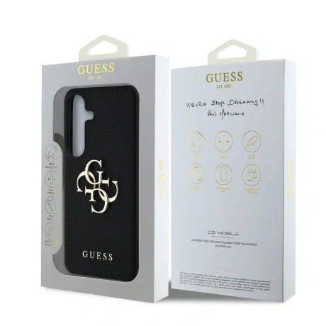 Husa spate Guess PU cu logo metalic 4G granulat pentru Samsung Galaxy S25, neagră