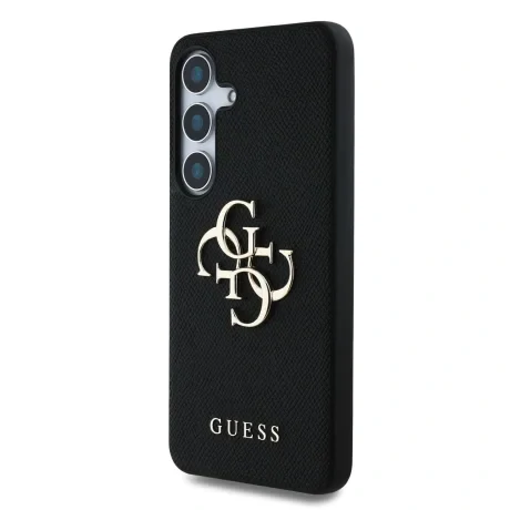 Husa spate Guess PU cu logo metalic 4G granulat pentru Samsung Galaxy S25, neagră