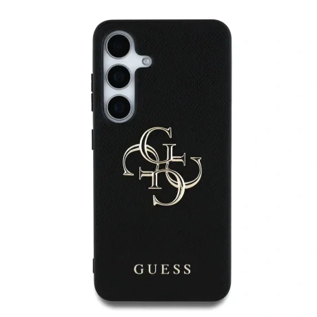 Husa spate Guess PU cu logo metalic 4G granulat pentru Samsung Galaxy S25, neagră