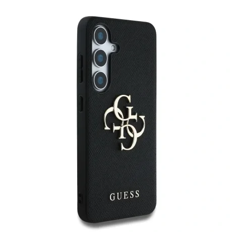Husa spate Guess PU cu logo metalic 4G granulat pentru Samsung Galaxy S25, neagră