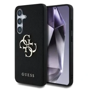 Husa spate Guess PU cu logo metalic 4G granulat pentru Samsung Galaxy S25, neagră