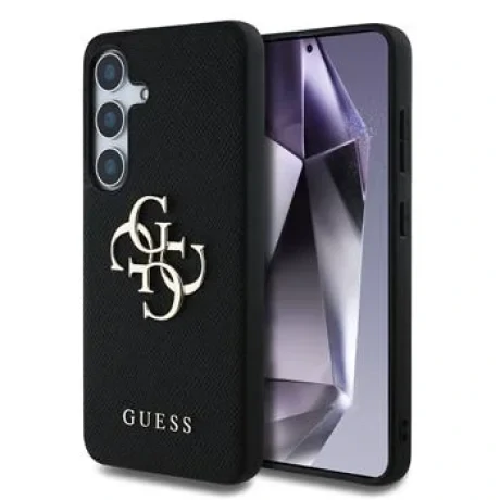 Husa spate Guess PU cu logo metalic 4G granulat pentru Samsung Galaxy S25, neagră