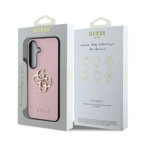 Husa spate Guess PU cu logo metalic 4G granulat pentru Samsung Galaxy S25+, roz