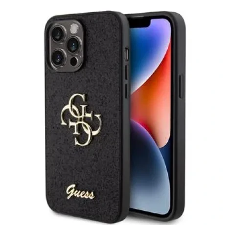 Husa spate Guess PU Fixed Glitter 4G cu logo metalic pentru iPhone 15 Pro Max, neagră