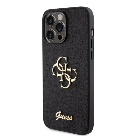 Husa spate Guess PU Fixed Glitter 4G cu logo metalic pentru iPhone 15 Pro Max, neagră
