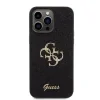 Husa spate Guess PU Fixed Glitter 4G cu logo metalic pentru iPhone 15 Pro Max, neagră