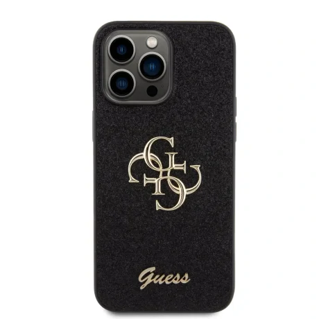 Husa spate Guess PU Fixed Glitter 4G cu logo metalic pentru iPhone 15 Pro Max, neagră