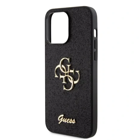 Husa spate Guess PU Fixed Glitter 4G cu logo metalic pentru iPhone 15 Pro Max, neagră