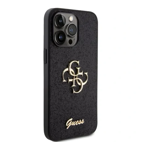 Husa spate Guess PU Fixed Glitter 4G cu logo metalic pentru iPhone 15 Pro Max, neagră