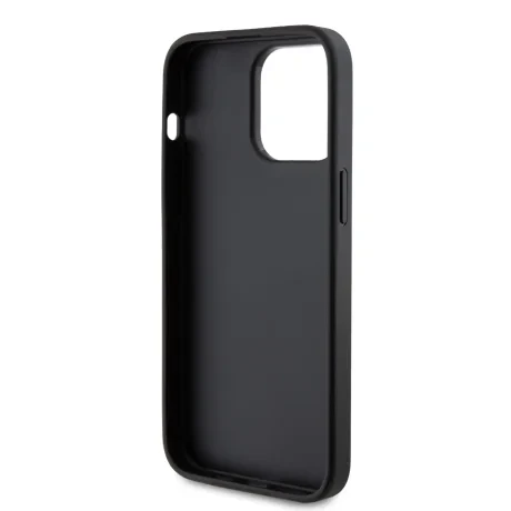 Husa spate Guess PU Fixed Glitter 4G cu logo metalic pentru iPhone 15 Pro Max, neagră