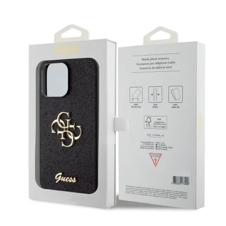 Husa spate Guess PU Fixed Glitter 4G cu logo metalic pentru iPhone 15 Pro Max, neagră