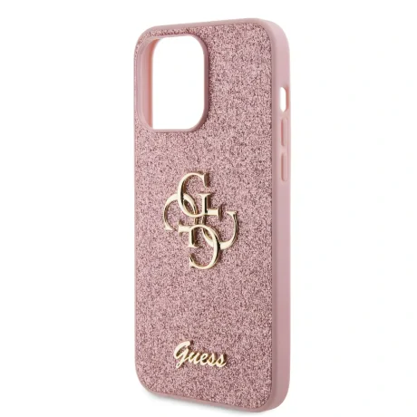 Husa spate Guess PU Fixed Glitter 4G cu logo metalic pentru iPhone 15 Pro Max, roz