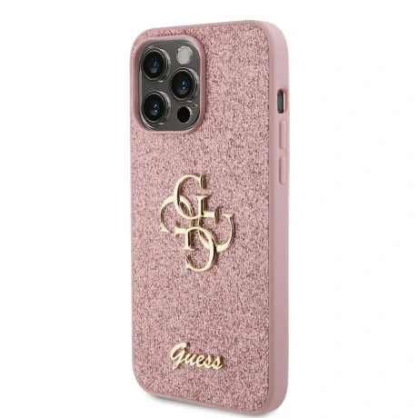 Husa spate Guess PU Fixed Glitter 4G cu logo metalic pentru iPhone 15 Pro Max, roz
