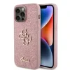 Husa spate Guess PU Fixed Glitter 4G cu logo metalic pentru iPhone 15 Pro Max, roz