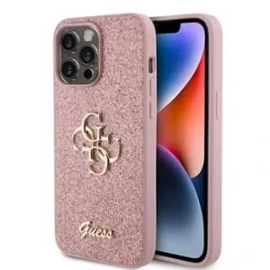 Husa spate Guess PU Fixed Glitter 4G cu logo metalic pentru iPhone 15 Pro Max, roz