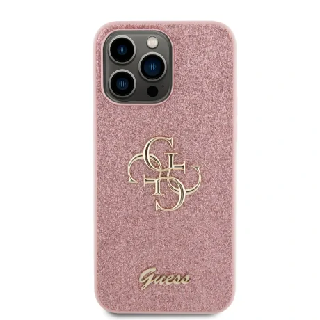 Husa spate Guess PU Fixed Glitter 4G cu logo metalic pentru iPhone 15 Pro Max, roz