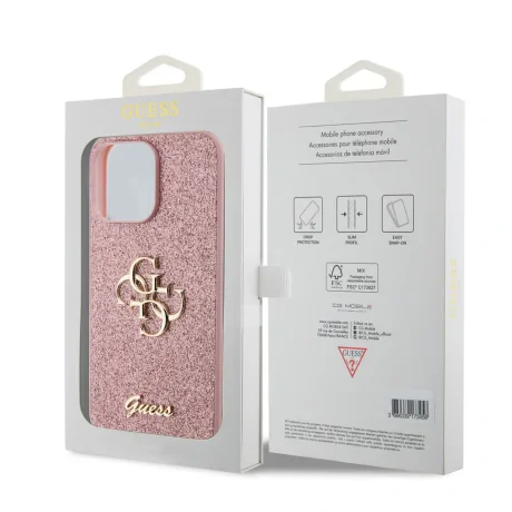 Husa spate Guess PU Fixed Glitter 4G cu logo metalic pentru iPhone 15 Pro Max, roz