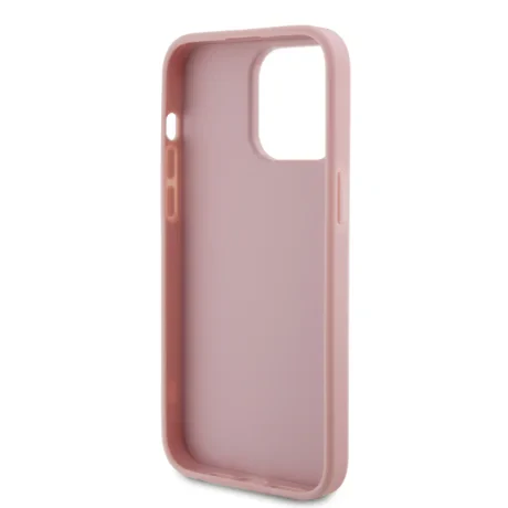 Husa spate Guess PU Fixed Glitter 4G cu logo metalic pentru iPhone 15 Pro Max, roz