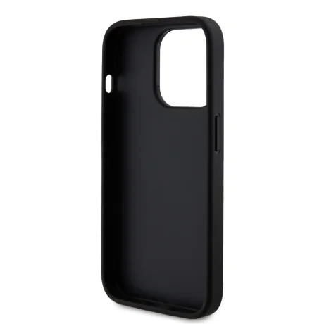 Husa spate Guess PU Fixed Glitter 4G cu logo metalic pentru iPhone 15 Pro, neagră
