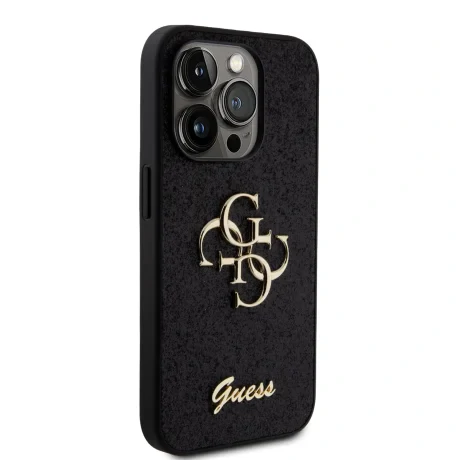 Husa spate Guess PU Fixed Glitter 4G cu logo metalic pentru iPhone 15 Pro, neagră