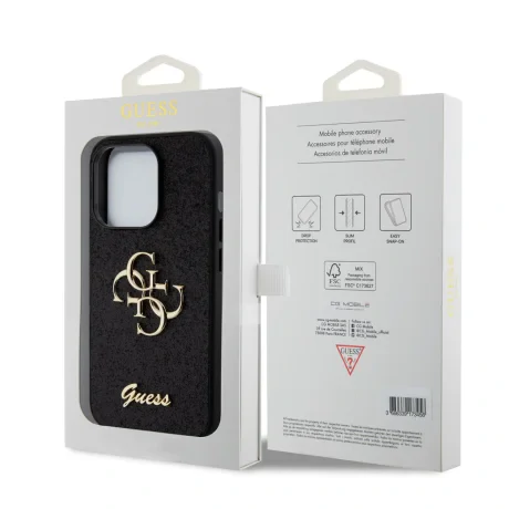 Husa spate Guess PU Fixed Glitter 4G cu logo metalic pentru iPhone 15 Pro, neagră