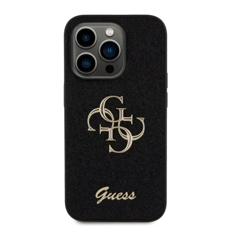 Husa spate Guess PU Fixed Glitter 4G cu logo metalic pentru iPhone 15 Pro, neagră