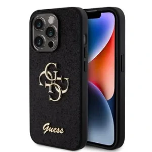 Husa spate Guess PU Fixed Glitter 4G cu logo metalic pentru iPhone 15 Pro, neagră