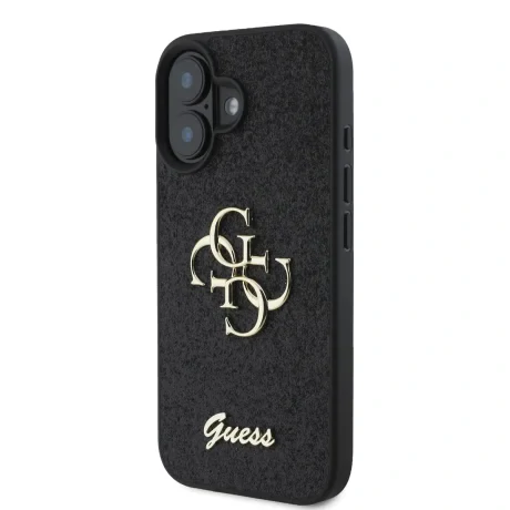 Husa spate Guess PU Fixed Glitter 4G cu logo metalic pentru iPhone 16, neagră