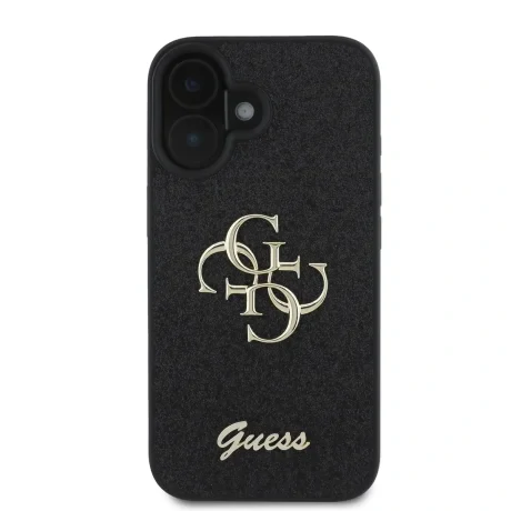 Husa spate Guess PU Fixed Glitter 4G cu logo metalic pentru iPhone 16, neagră