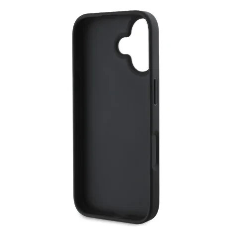 Husa spate Guess PU Fixed Glitter 4G cu logo metalic pentru iPhone 16, neagră