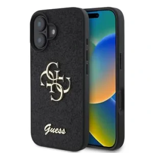 Husa spate Guess PU Fixed Glitter 4G cu logo metalic pentru iPhone 16, neagră