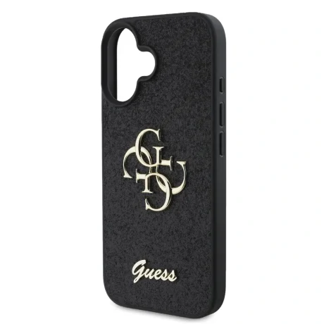 Husa spate Guess PU Fixed Glitter 4G cu logo metalic pentru iPhone 16, neagră