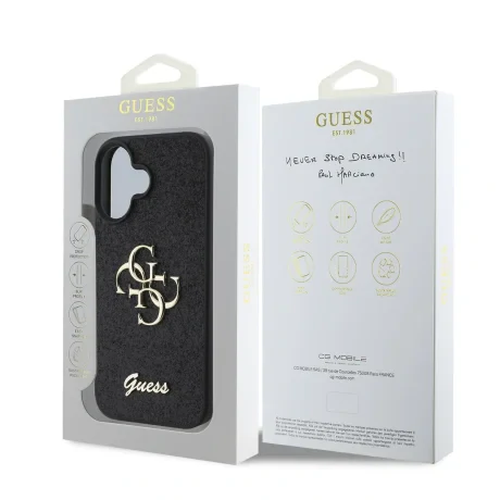 Husa spate Guess PU Fixed Glitter 4G cu logo metalic pentru iPhone 16, neagră