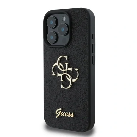 Husa spate Guess PU Fixed Glitter 4G cu logo metalic pentru iPhone 16 Pro Max, neagră