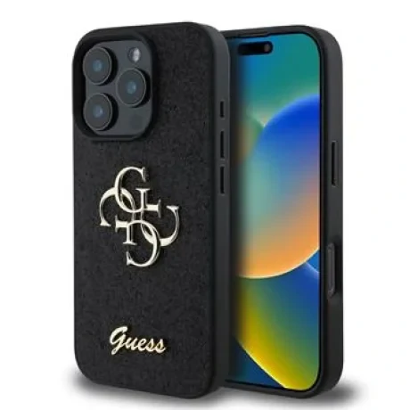 Husa spate Guess PU Fixed Glitter 4G cu logo metalic pentru iPhone 16 Pro Max, neagră