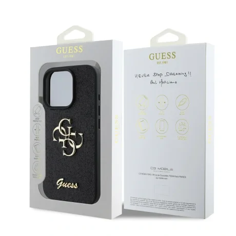 Husa spate Guess PU Fixed Glitter 4G cu logo metalic pentru iPhone 16 Pro Max, neagră