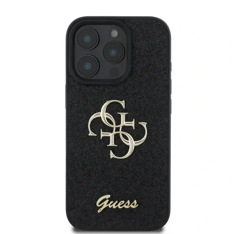 Husa spate Guess PU Fixed Glitter 4G cu logo metalic pentru iPhone 16 Pro Max, neagră