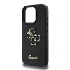 Husa spate Guess PU Fixed Glitter 4G cu logo metalic pentru iPhone 16 Pro Max, neagră