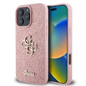Husa spate Guess PU Fixed Glitter 4G cu logo metalic pentru iPhone 16 Pro Max, roz