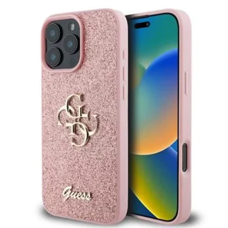 Husa spate Guess PU Fixed Glitter 4G cu logo metalic pentru iPhone 16 Pro Max, roz