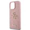 Husa spate Guess PU Fixed Glitter 4G cu logo metalic pentru iPhone 16 Pro Max, roz